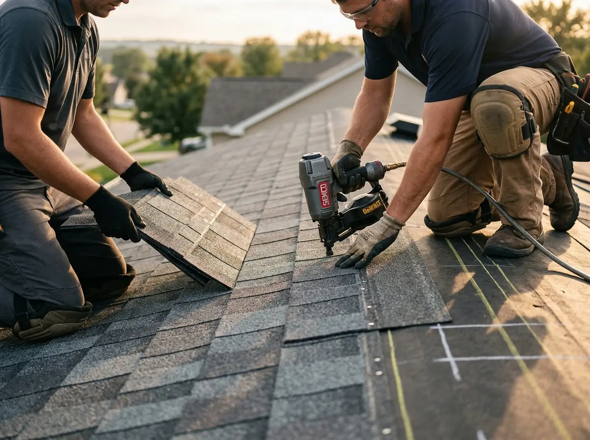 Professional roofer working on a residential roof in Jupiter Farms